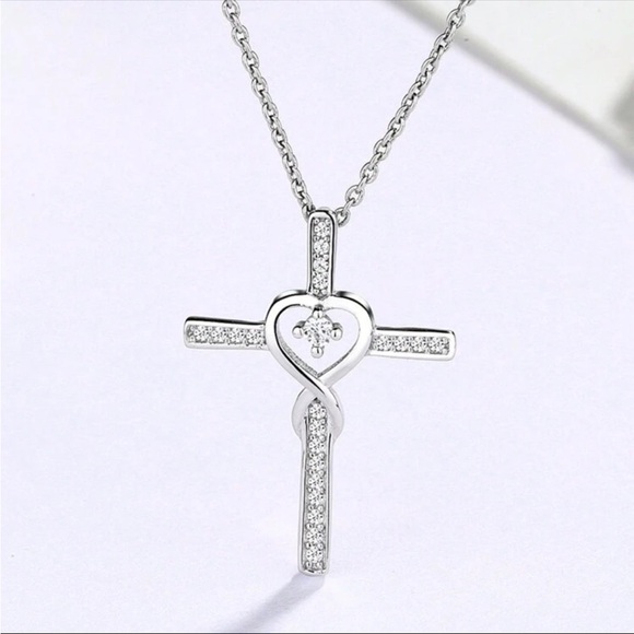 Silver Water Diamond Heart Cross Necklace - Picture 2 of 5